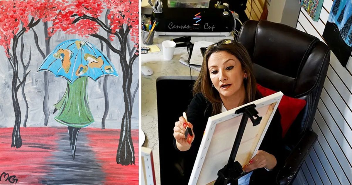 Birthday guests painting custom “Lady in Green Jacket” artwork by Mahsa at Canvas n Cup’s Worcester 