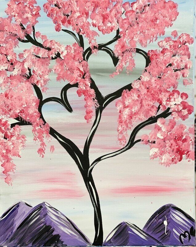 A painting of a cherry blossom tree with purple mountains in the background