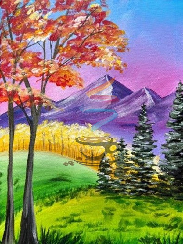 Colorful autumn landscape with trees, mountains, a yellow field, and a pink sky