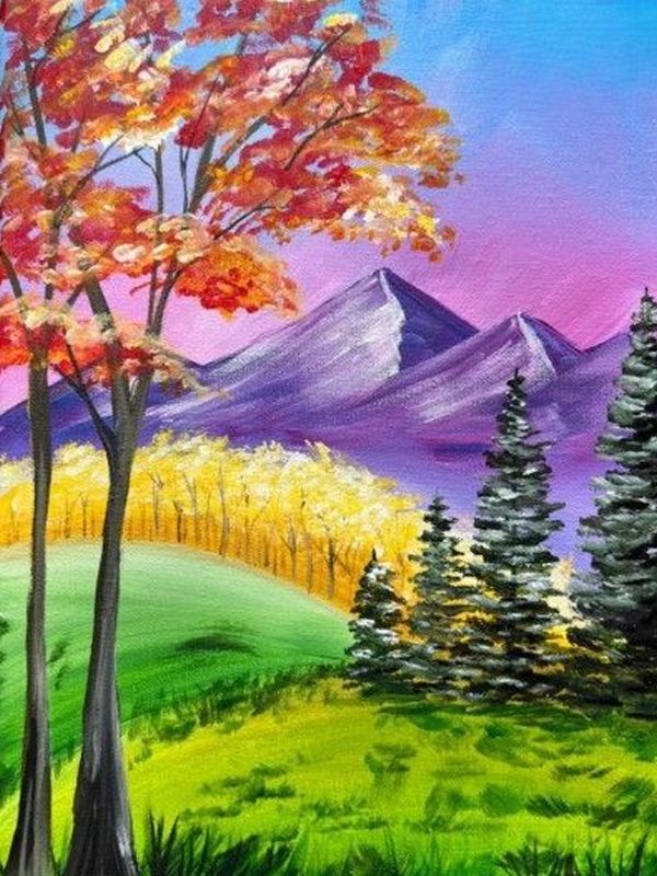 Colorful landscape painting with red, orange trees, purple mountains, and green fields.