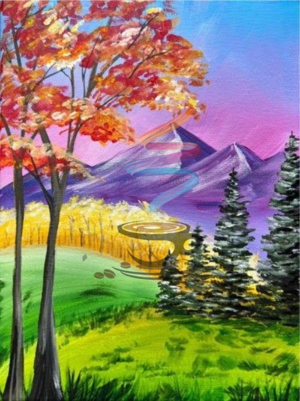 Colorful autumn landscape with trees, green hills, purple mountains, and a pink sky
