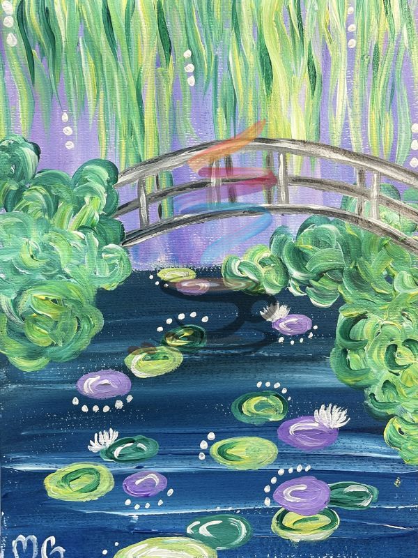 A painting of a bridge over a pond with water lilies.