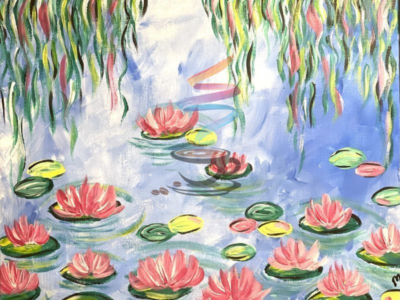 A painting of water lilies floating on top of a pond.