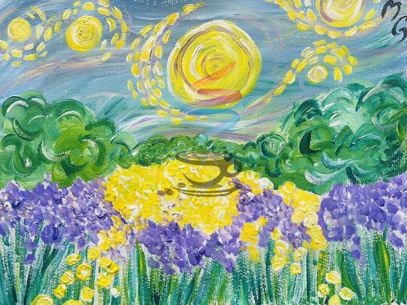 A painting of a field of yellow and purple flowers