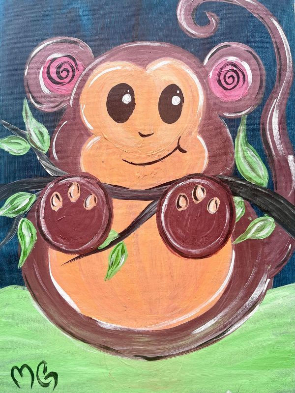 Cute cartoon monkey with pink spiral ears and rosy cheeks sitting on a branch, smiling in a colorful painting