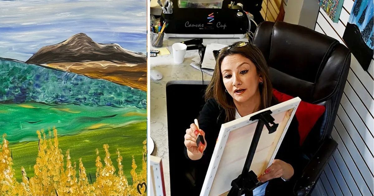 Online painting class: Instructor with canvas and palette, group of participants in video call, sharing paintings.