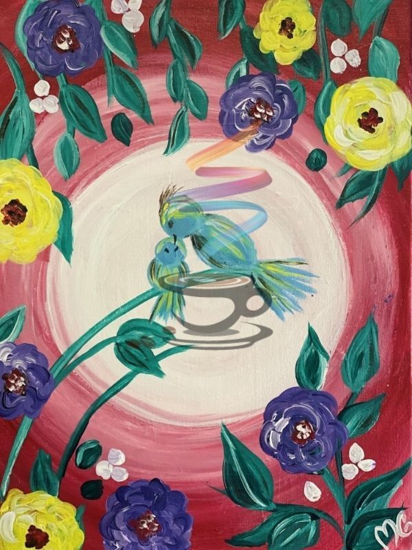 A painting of flowers with a bird in a cup