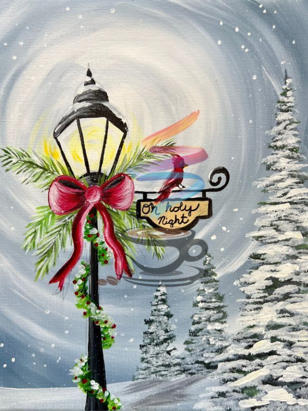 Festive streetlamp with red bow, snow-covered trees, and a “happy nights” sign in a snowy winter scene