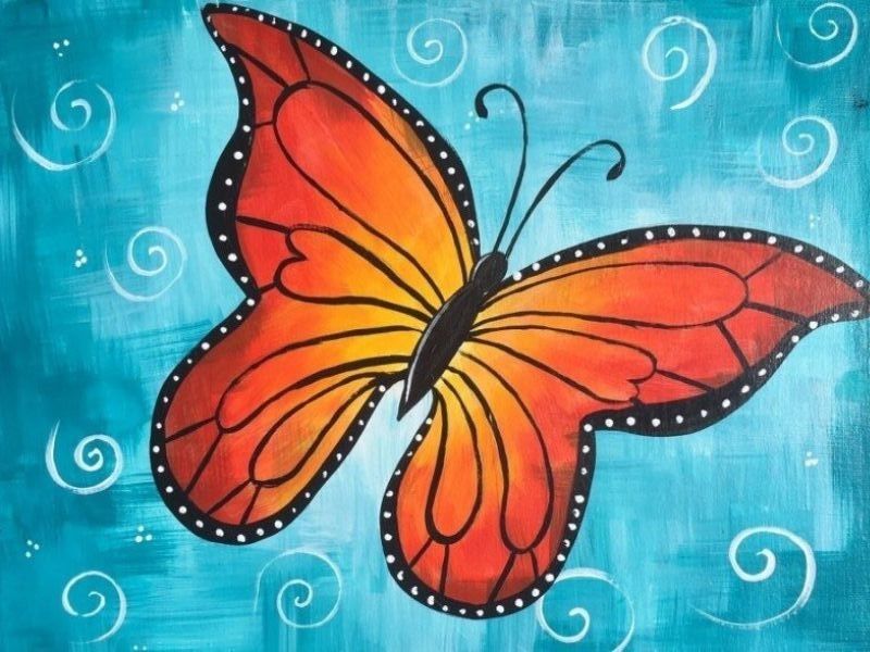 Orange butterfly with black-edged wings on a turquoise background with white swirls