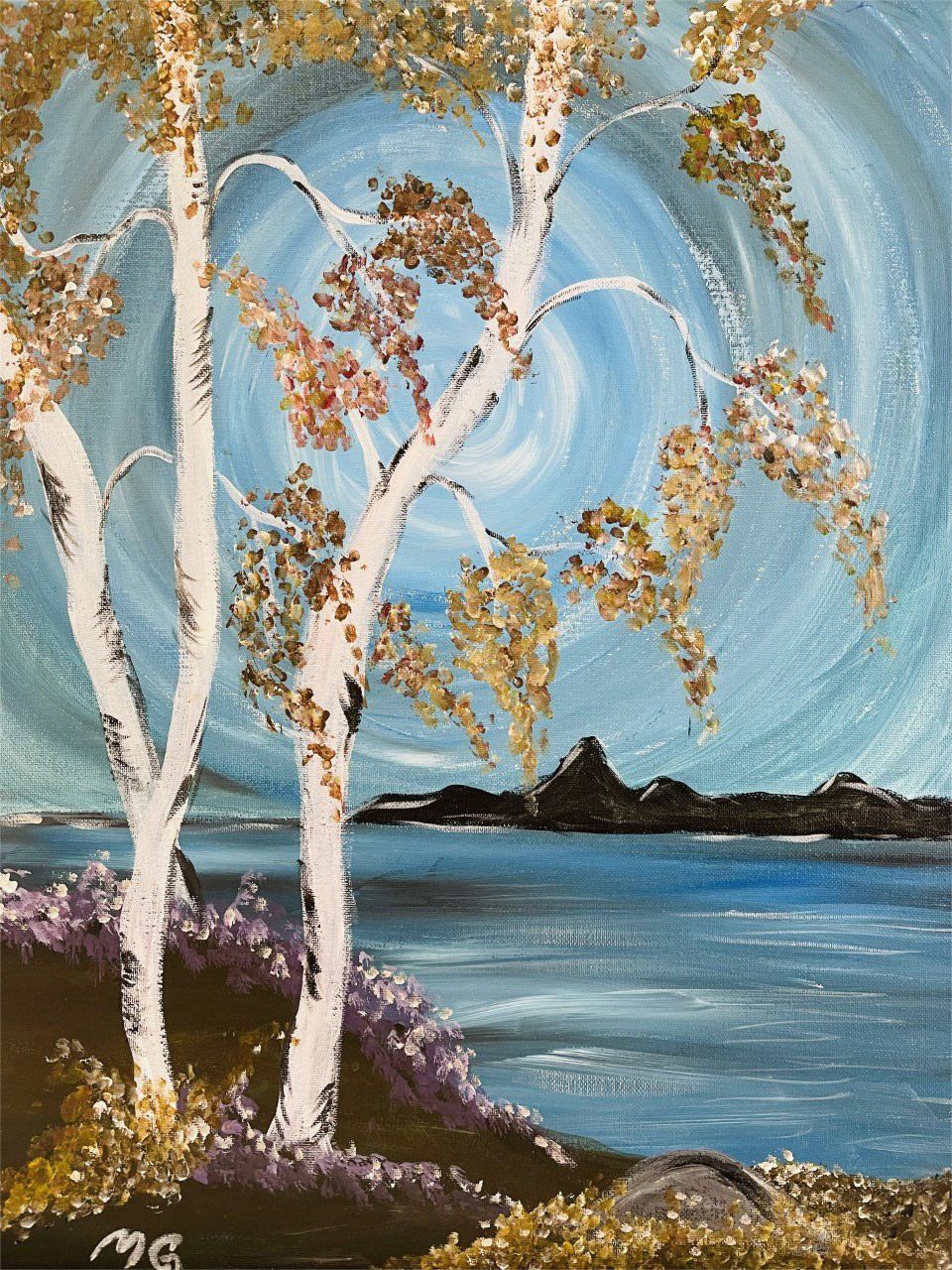 A painting of two trees in front of a body of water