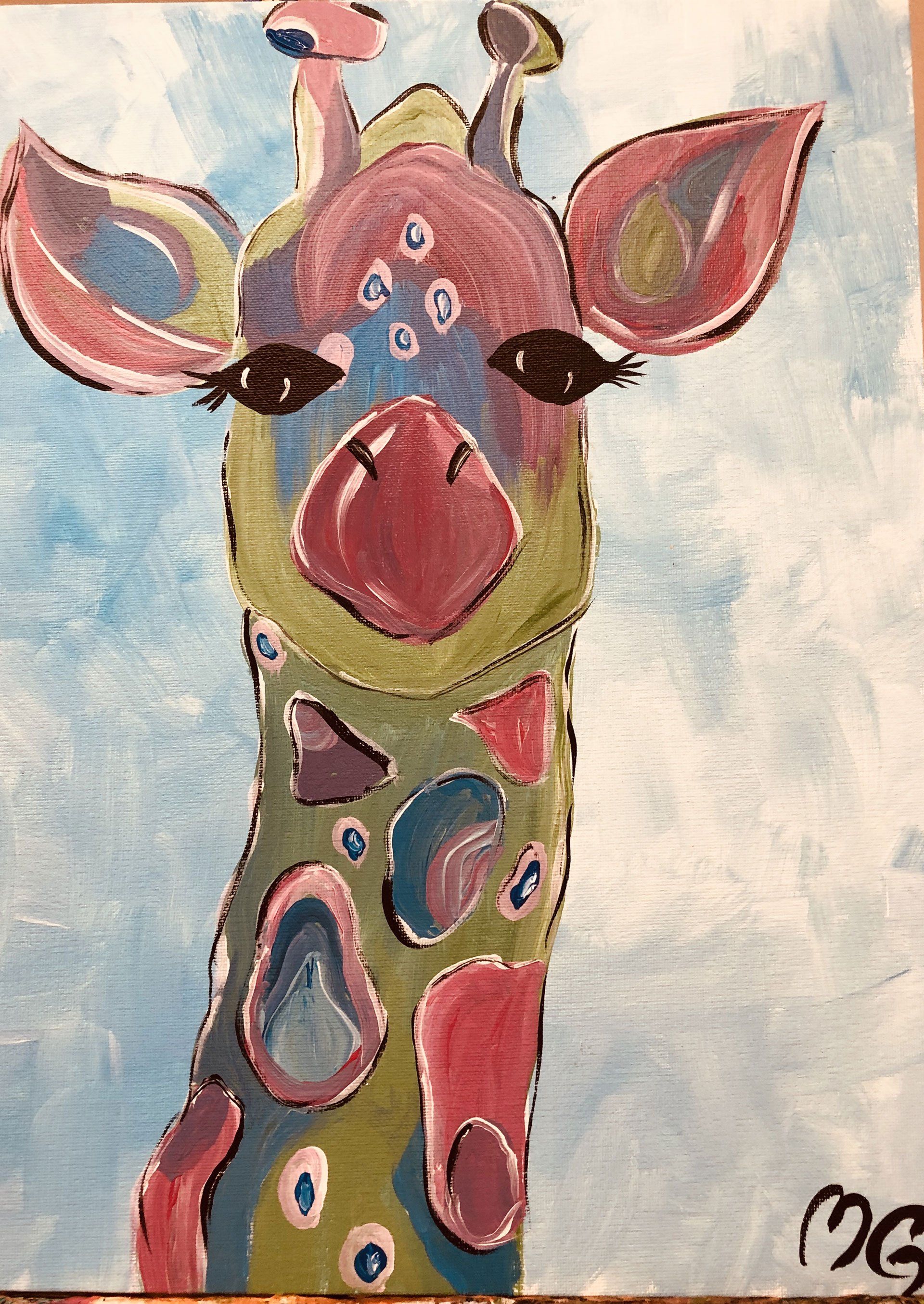 A colorful painting of a giraffe 's head on a blue background.