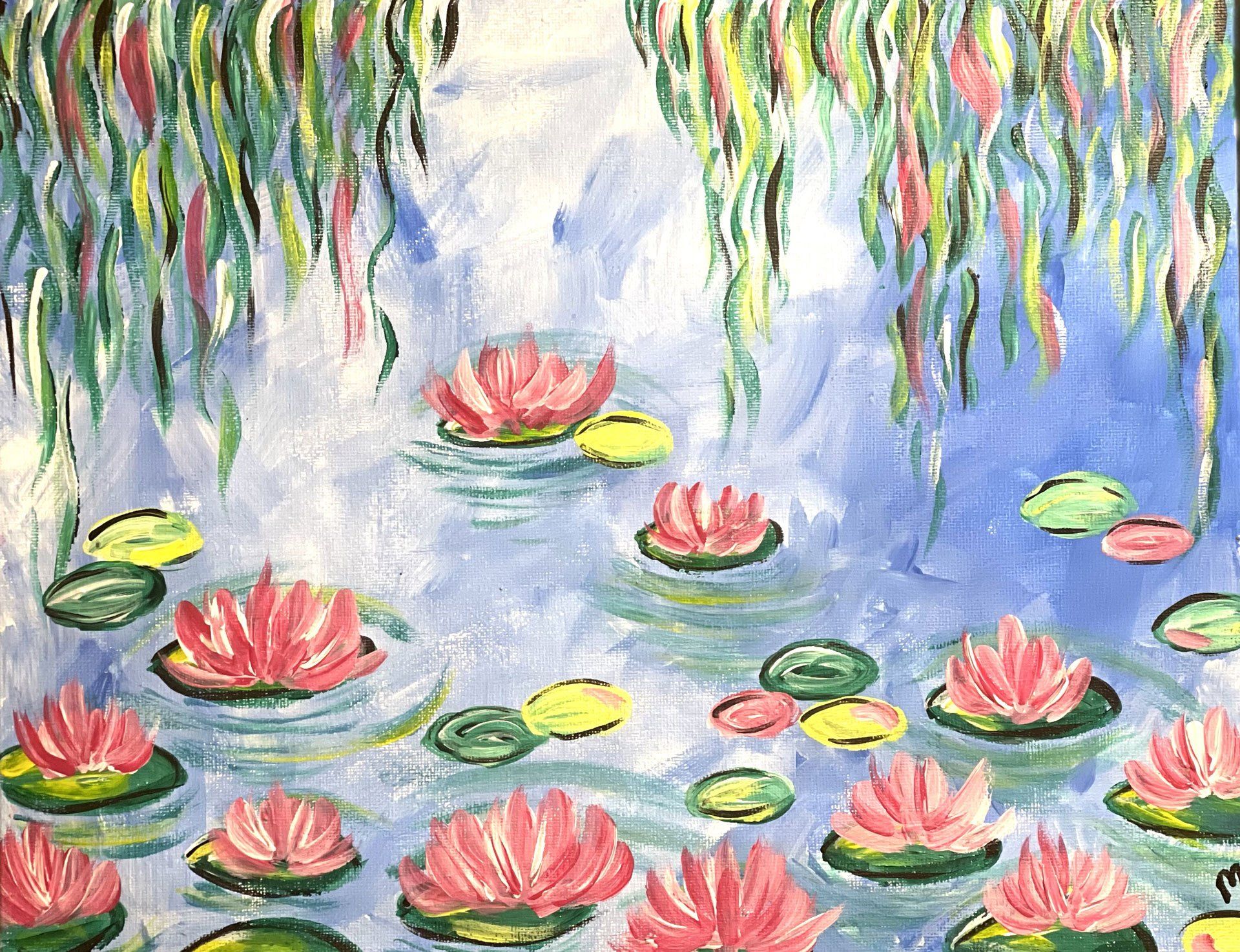 A painting of water lilies floating on top of a pond.