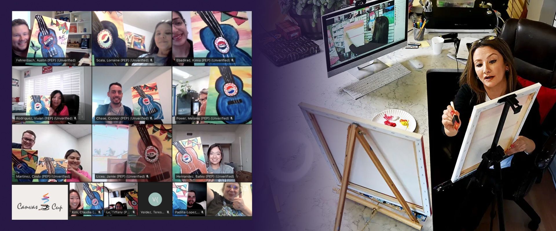 Online painting class: Instructor with canvas and palette, group of participants in video call, sharing paintings.