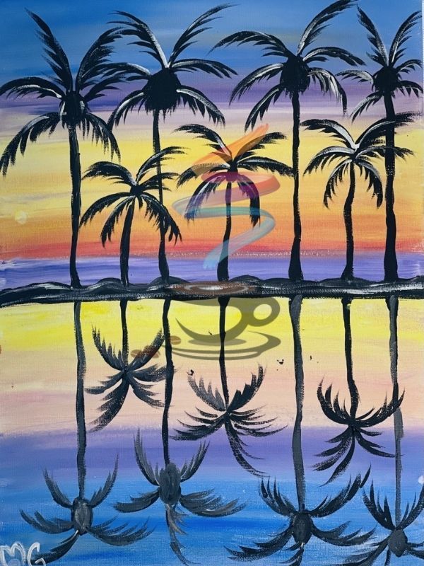 A painting of palm trees reflected in the water at sunset