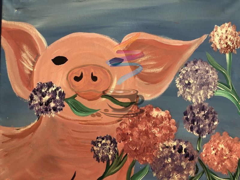 Piggy got Flowers acrylic painting