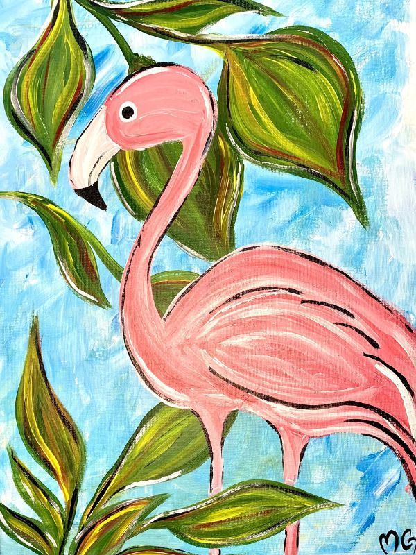 Pink flamingo amid green leaves on a light blue background, in a watercolor style