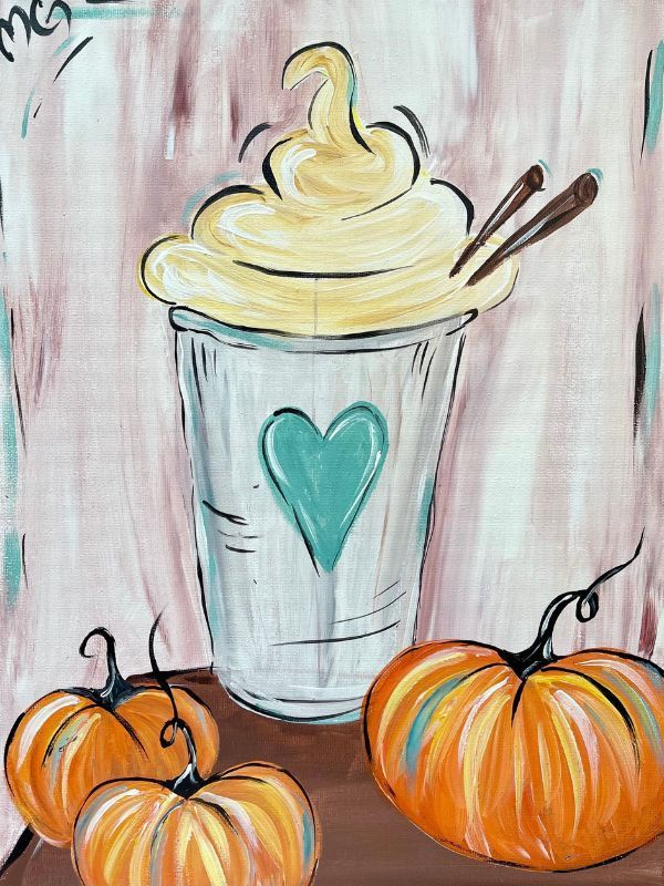 Pumpkin spice latte in a glass, with whipped cream and cinnamon sticks, beside orange pumpkins.