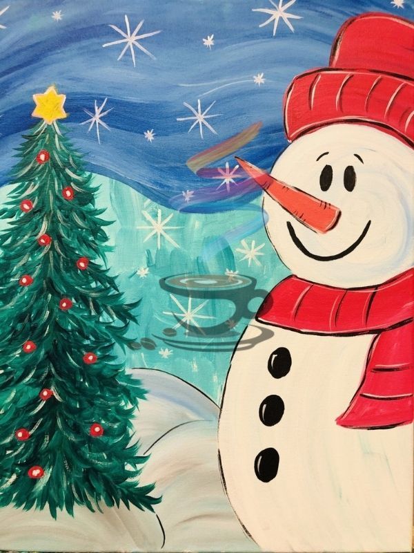 A painting of a snowman with a christmas tree in the background