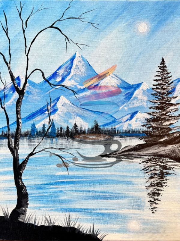 Snowy mountains reflected in a calm lake, with bare trees and pine silhouettes under a pale sun.