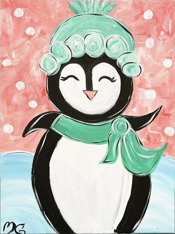 A painting of a penguin wearing a hat and scarf