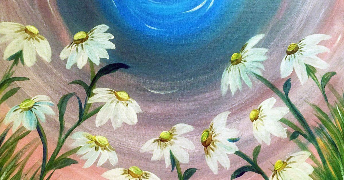 A painting of white daisies with a blue sky in the background.