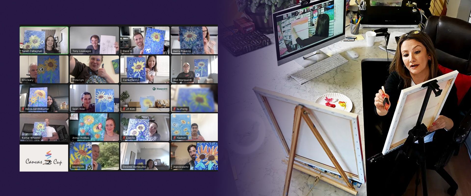 Split image: video conference grid and woman in black holding a framed print beside a laptop。