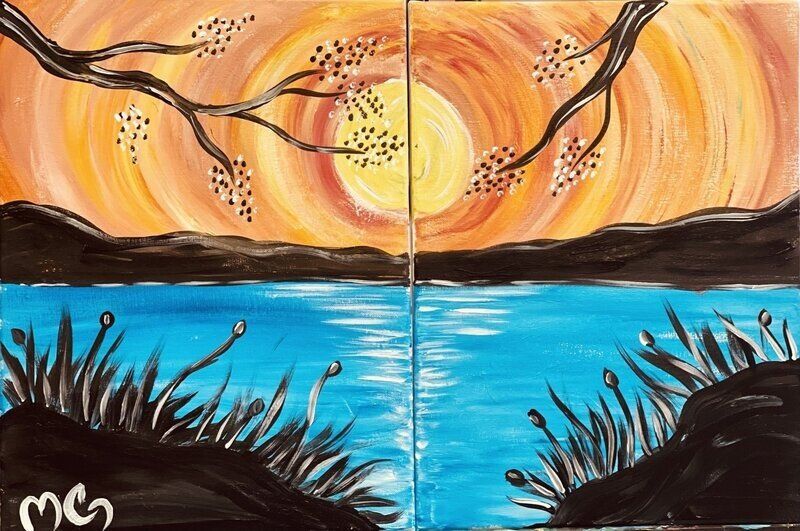 A painting of a sunset over a body of water
