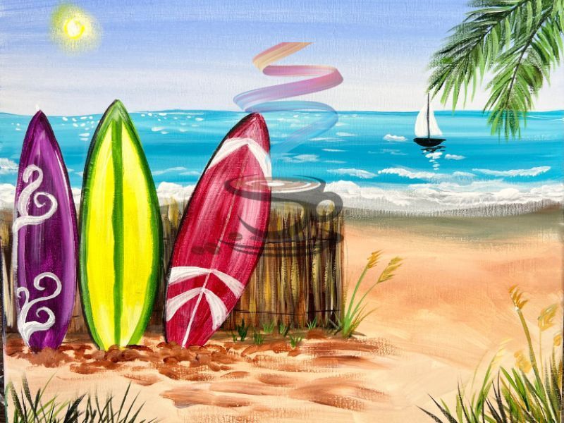 A painting of surfboards on a beach with a sailboat in the background.