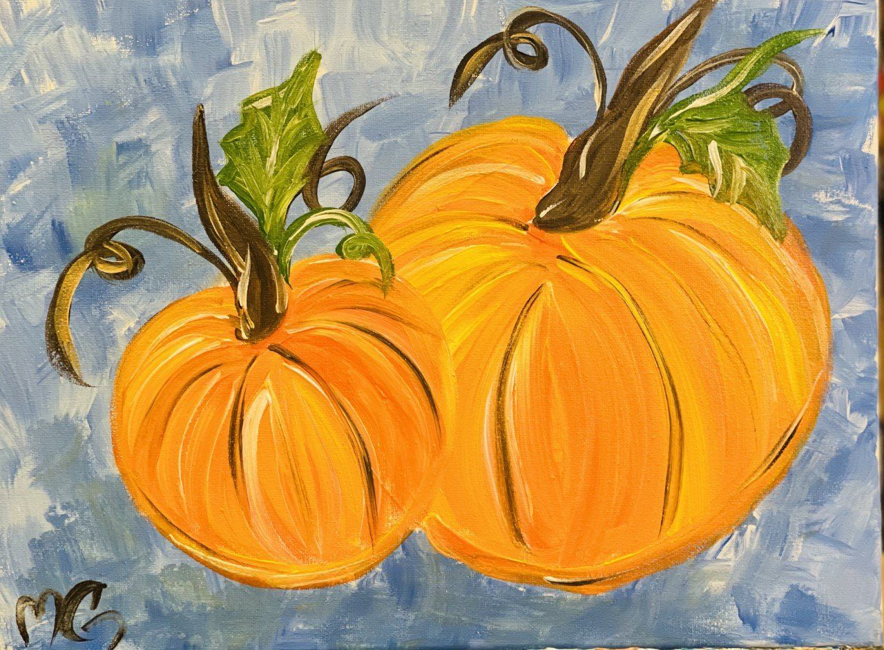 A painting of two pumpkins on a blue background.