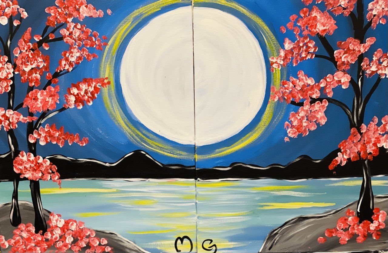 A painting of a full moon over a lake with cherry blossom trees