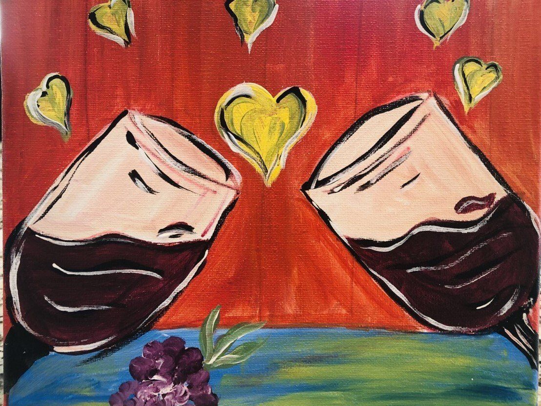 A painting of two glasses of wine with hearts around them