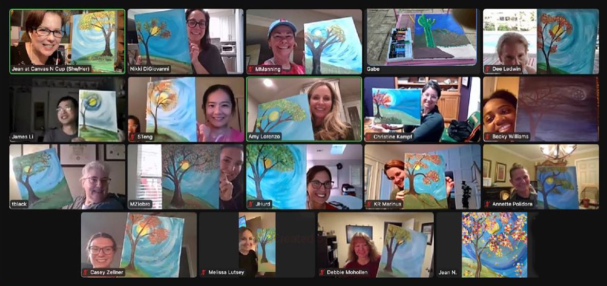 A group of people are sitting in front of paintings on a computer screen.