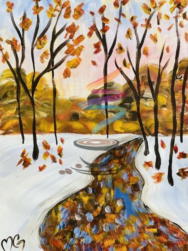 Abstract autumn landscape with snowy ground, winding stream, and bare trees with orange leaves