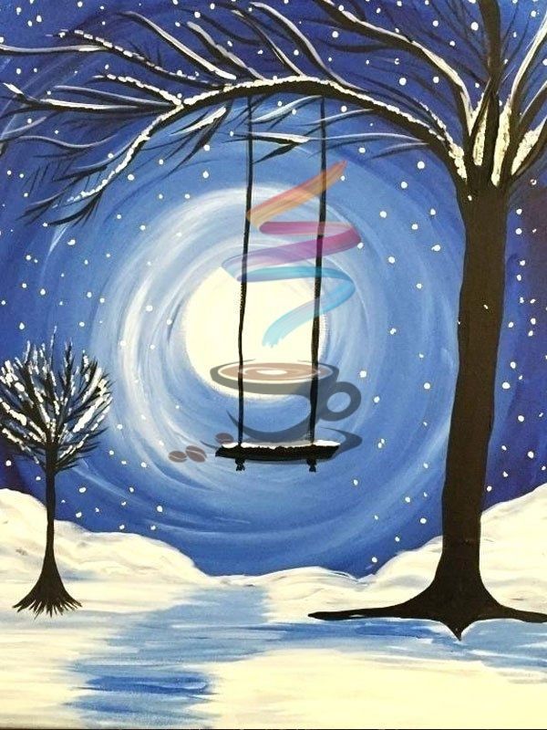 A painting of a swing hanging from a tree in front of a full moon