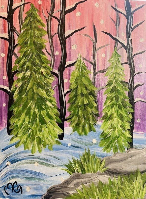 A painting of a snowy forest with trees and rocks