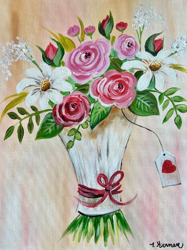 Watercolor bouquet of pink roses and white daisies tied with a ribbon in a vase on a light background