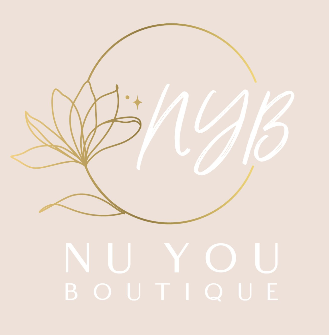 Gold floral circle logo with “NYB” and “NU YOU BOUTIQUE” on a blush background