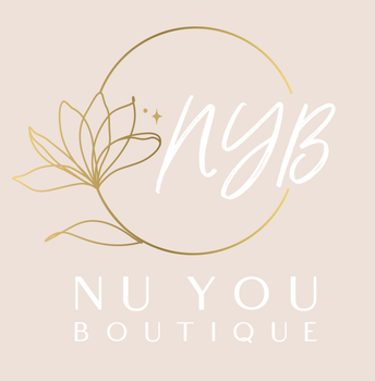 Gold floral circle logo with “NYB” and “NU YOU BOUTIQUE” on a blush background