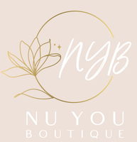 NU YOU BOUTIQUE logo with gold floral line art and white script on a blush background