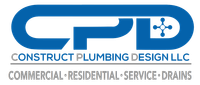 the logo for construct plumbing design llc is blue and white