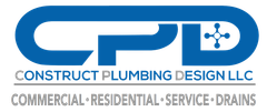 the logo for construct plumbing design llc is blue and white