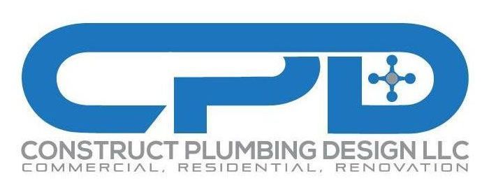the logo for construct plumbing design llc is blue and white
