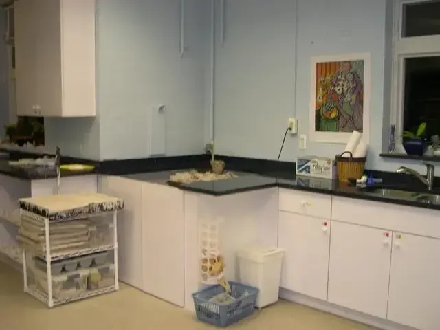 Clean kitchen with white cabinets, black countertops, sink window, and a small cart of papers on the left.