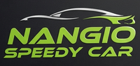 Logo NANGIO Speedy Car in verde lime e bianco con un'elegante sagoma di auto su sfondo nero.