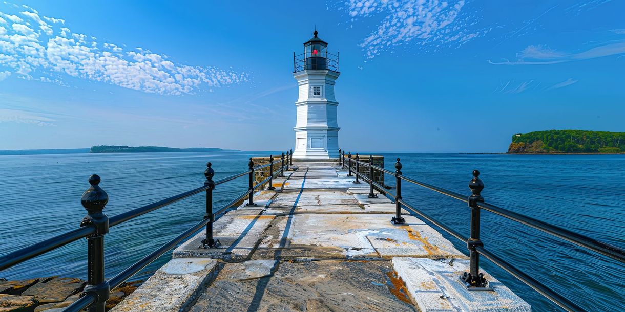 White lighthouse at the end of a stone pier over blue water under a clear sky