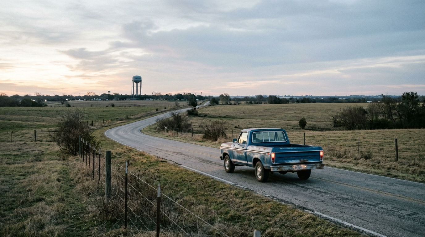 Cars driving on a busy Texas highway near Denton with a clear blue sky and open road ahead