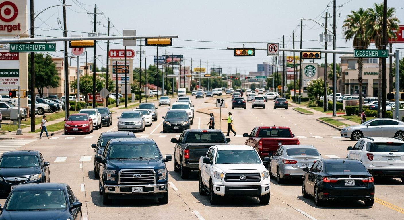 A car parked on a tree-lined suburban street in Farmers Branch, Texas on a sunny afternoon