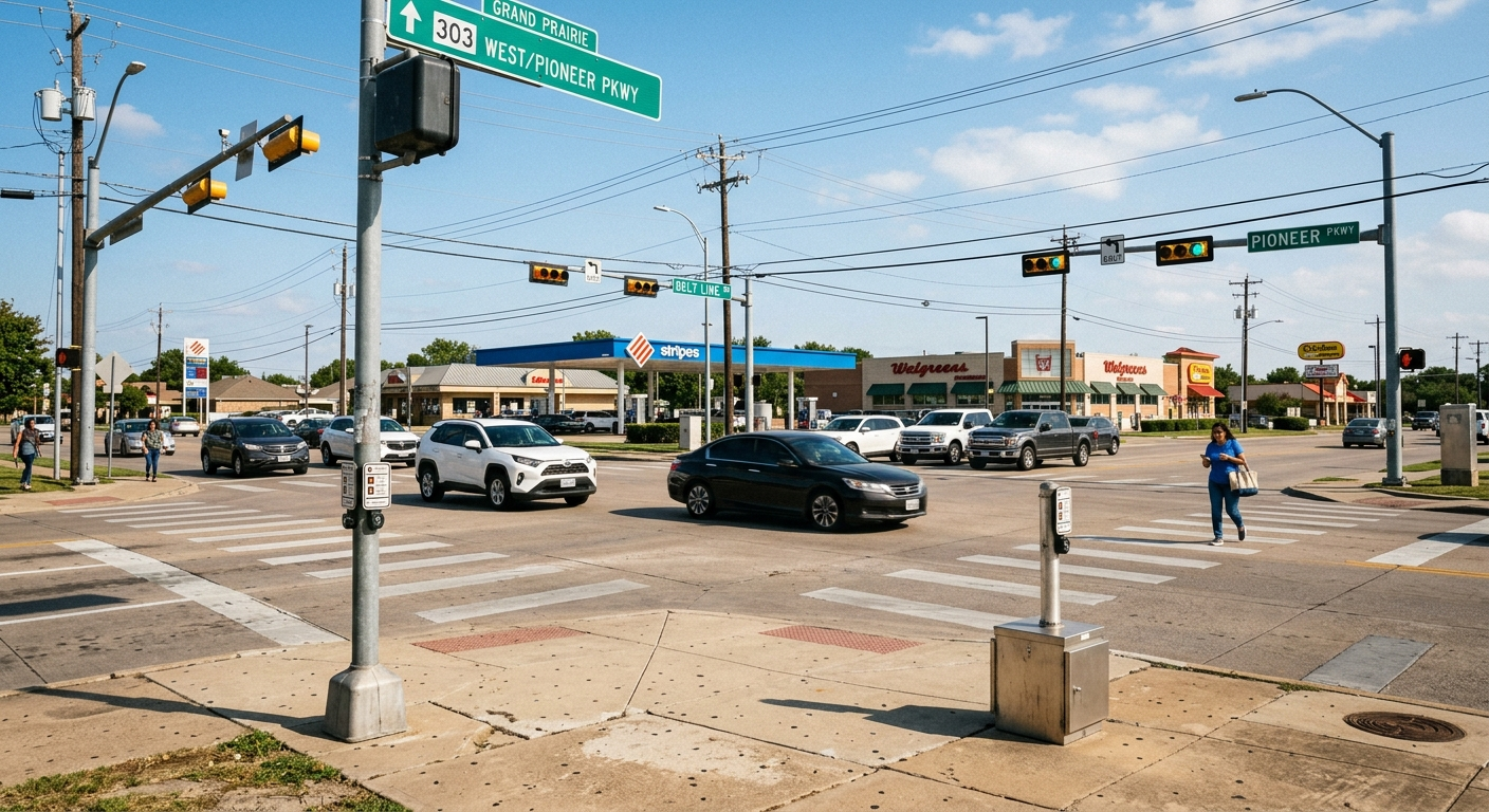 Cars driving on a busy highway overpass in Grand Prairie, Texas on a sunny afternoon