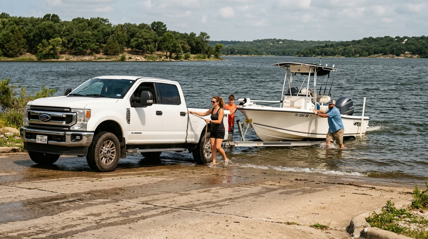 Pontoon boat on a calm North Texas lake on a sunny summer afternoon with blue skies overhead