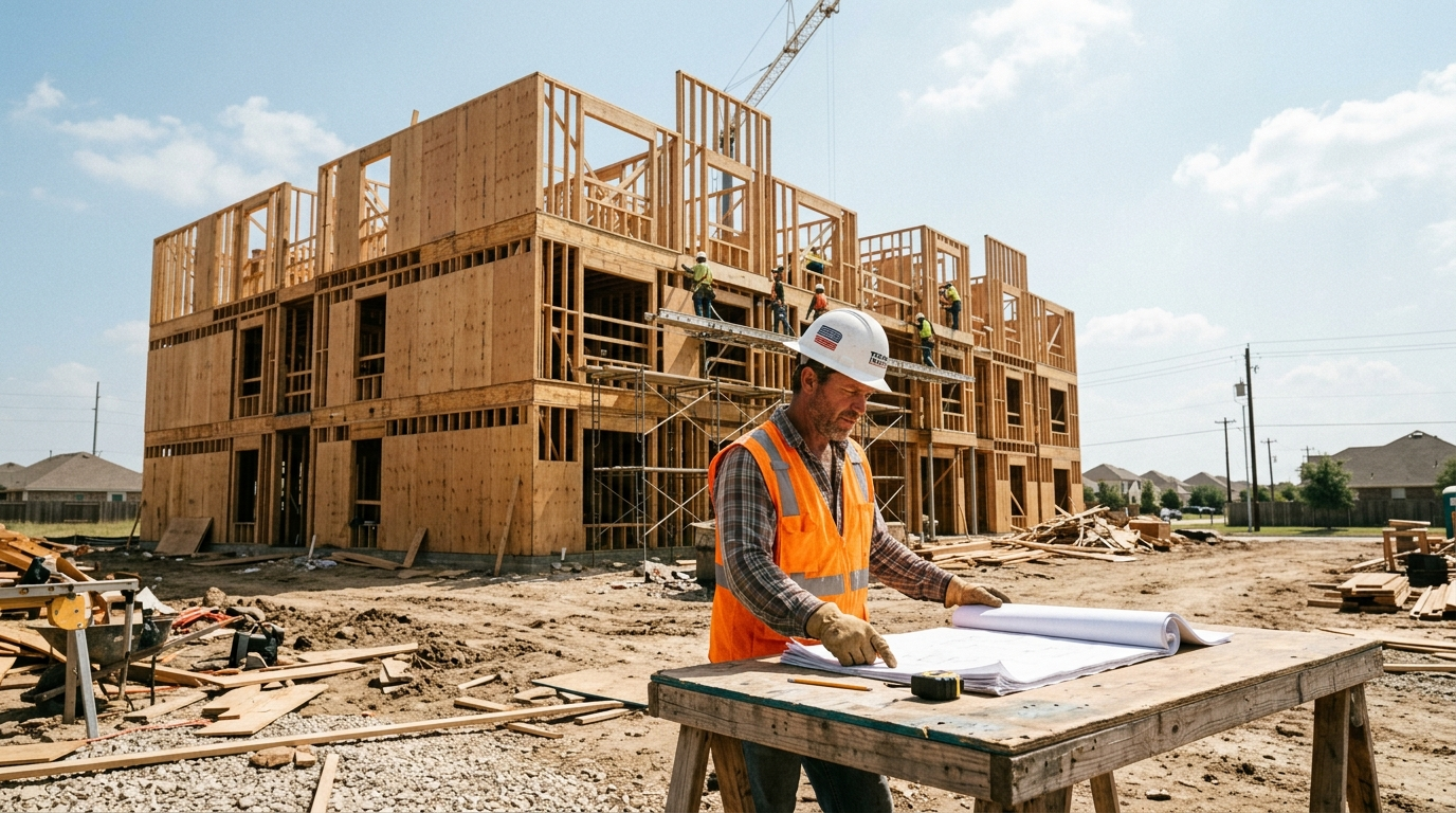 Construction site in North Texas with wood framing under a partly cloudy sky and building materials staged on the ground